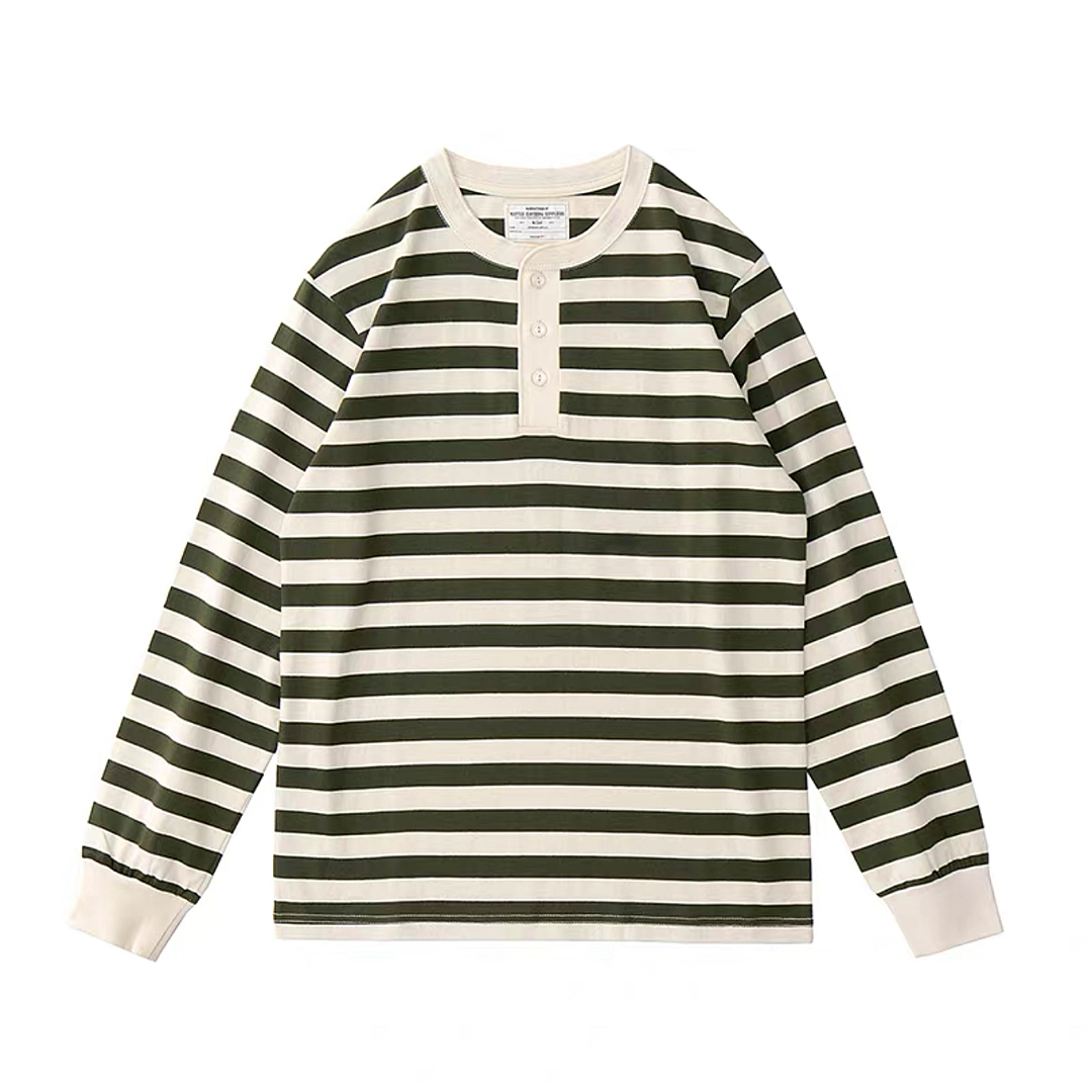 250G Basic Striped Henley Long-Sleeve Pullover
