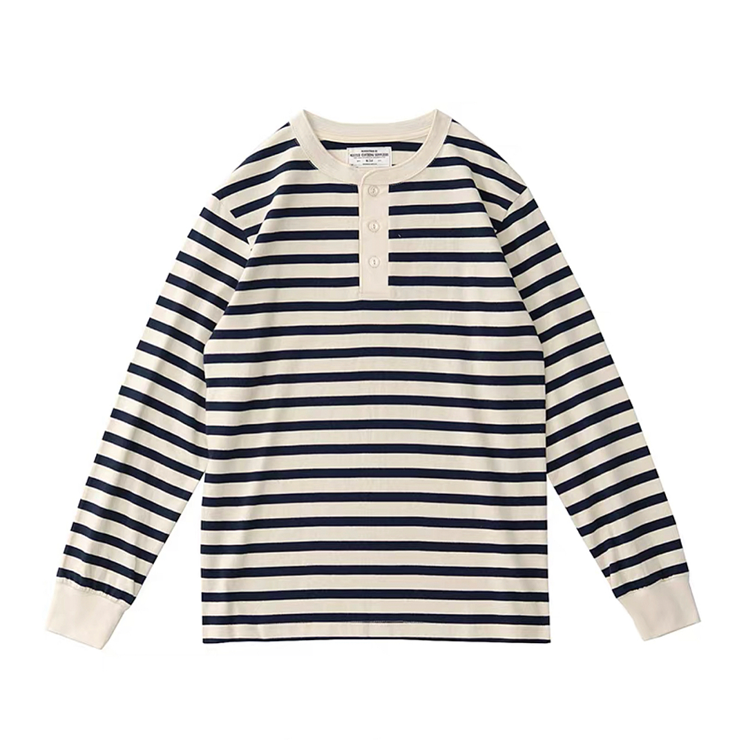 250G Basic Striped Henley Long-Sleeve Pullover