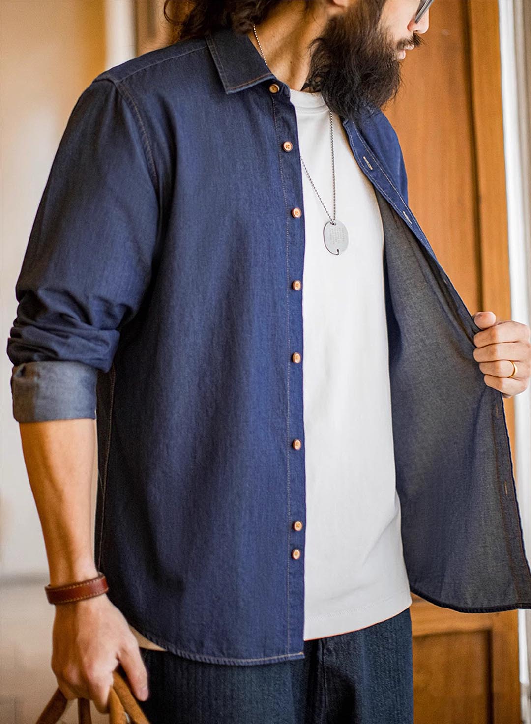 547 Mao Casual Denim Long-Sleeve Shirt