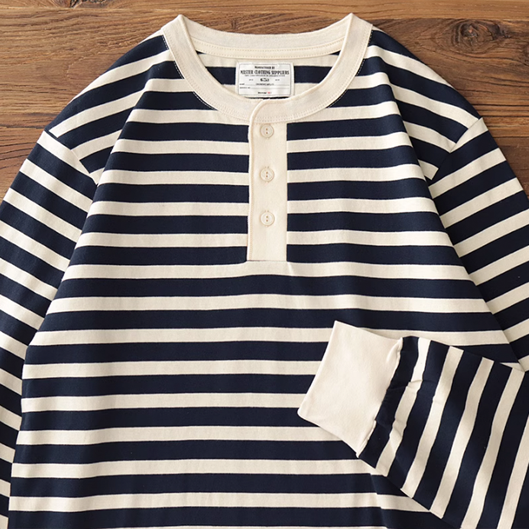 250G Basic Striped Henley Long-Sleeve Pullover