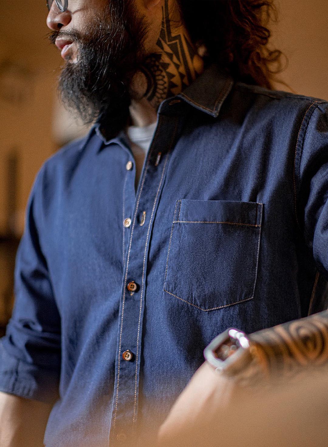 547 Mao Casual Denim Long-Sleeve Shirt