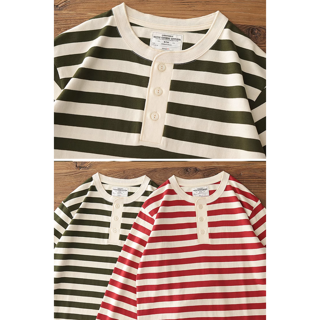 250G Basic Striped Henley Long-Sleeve Pullover