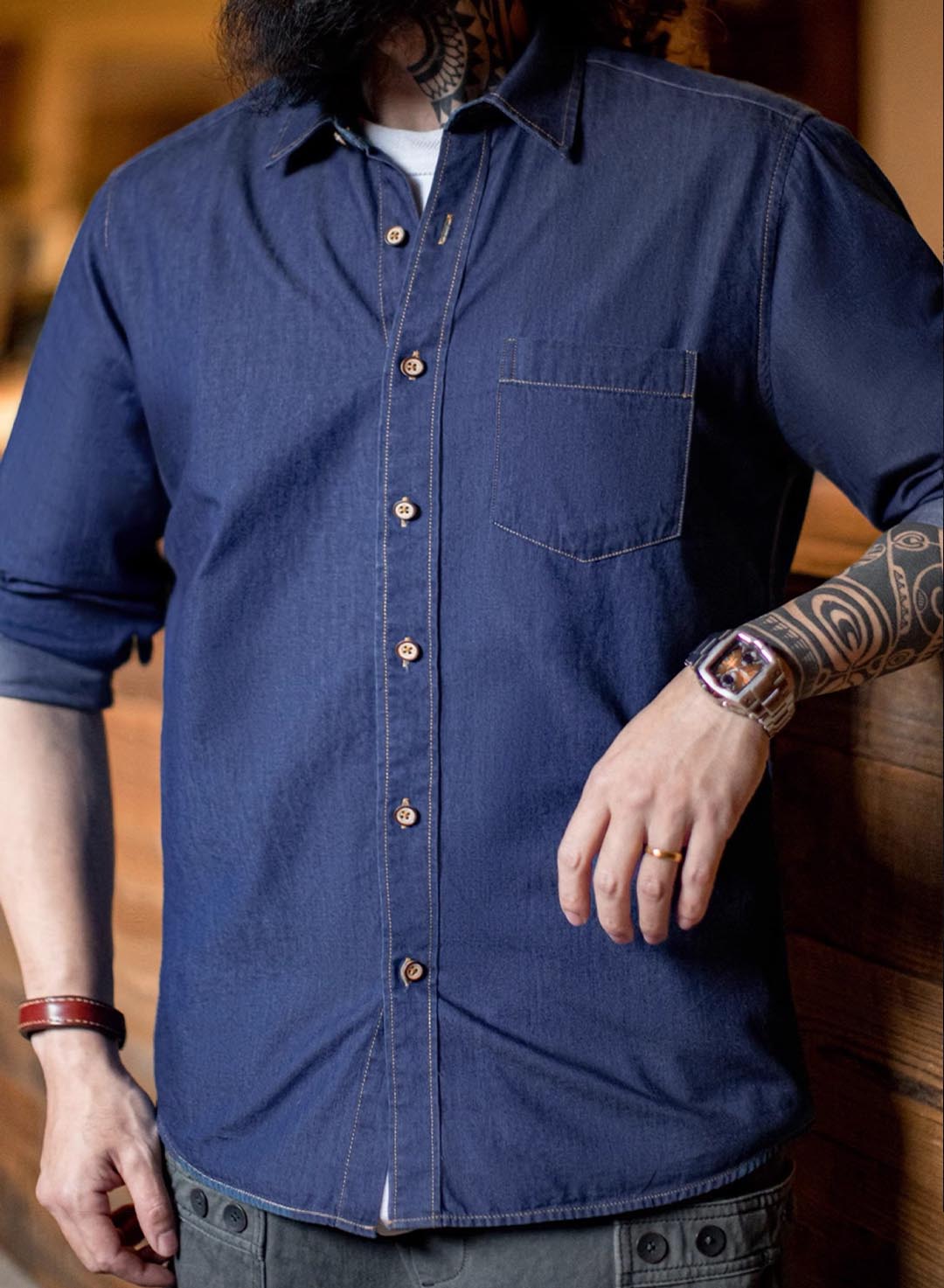 547 Mao Casual Denim Long-Sleeve Shirt