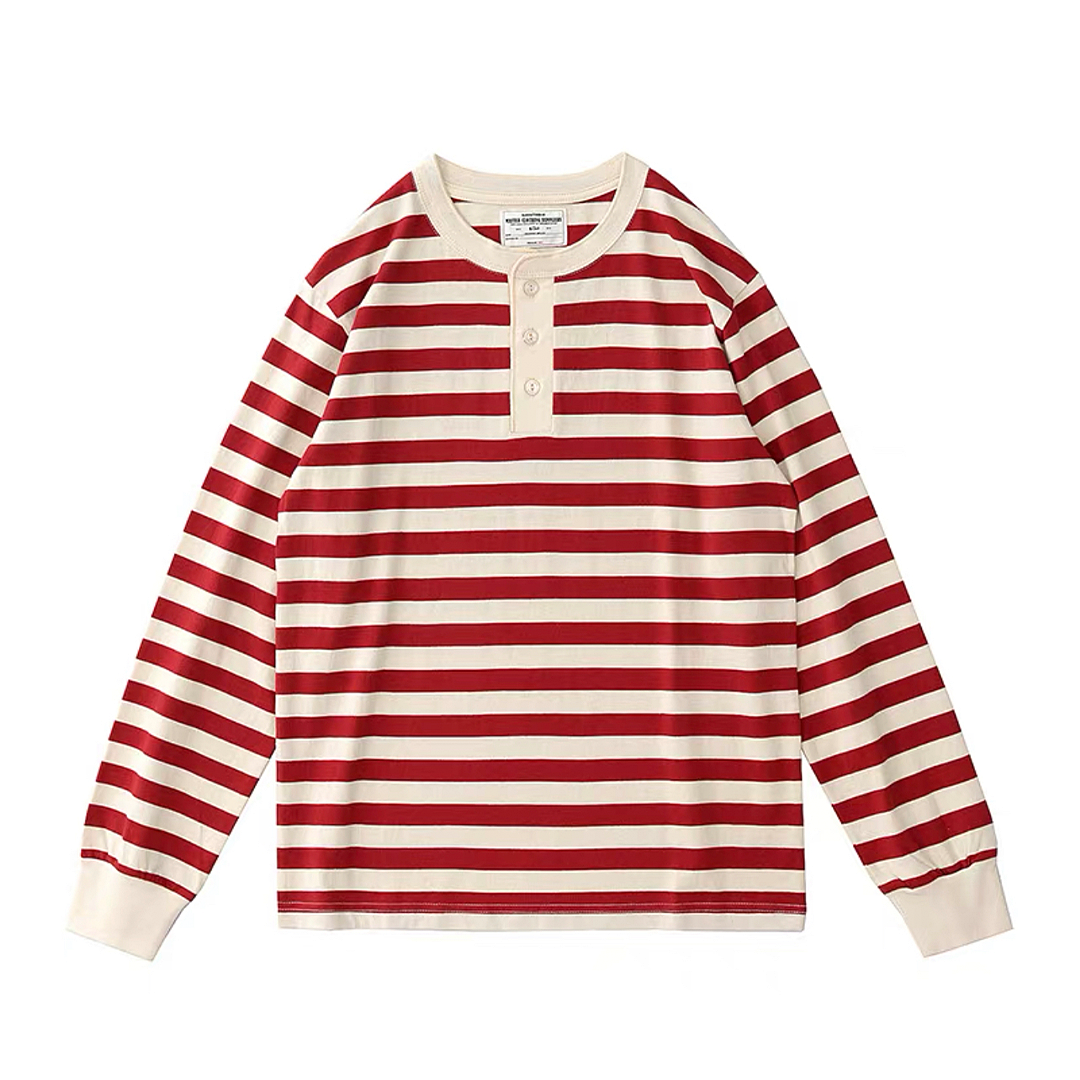 250G Basic Striped Henley Long-Sleeve Pullover