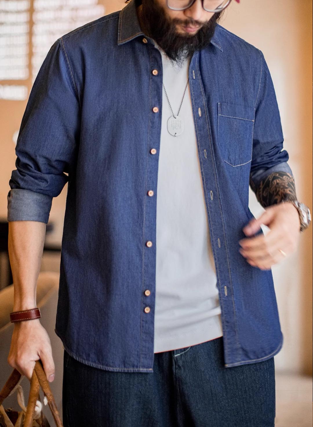 547 Mao Casual Denim Long-Sleeve Shirt